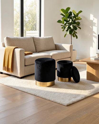 wn-hover-usescene Velvet Round Storage Ottoman Set of 2 with Gold Base — Black | 36cm & 31.5cm