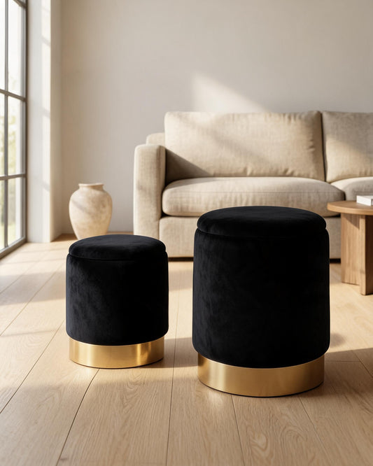 wn-default-single Velvet Round Storage Ottoman Set of 2 with Gold Base — Black | 36cm & 31.5cm