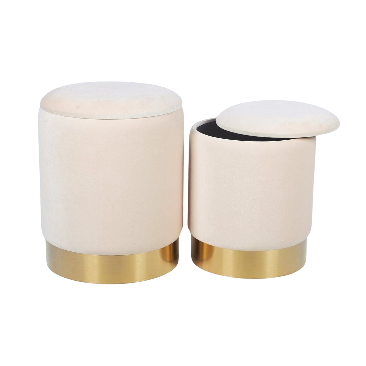 Velvet Round Storage Ottoman Set of 2 with Gold Base — Cream | 36cm & 31.5cm