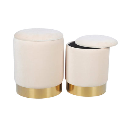Velvet Round Storage Ottoman Set of 2 with Gold Base — Cream | 36cm & 31.5cm