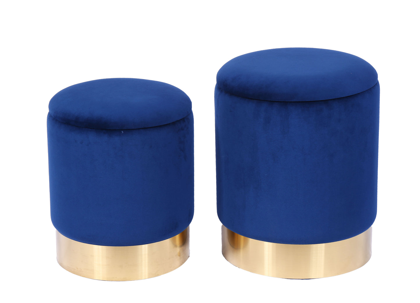 Velvet Round Storage Ottoman Set of 2 with Gold Base — Dark Blue | 36cm & 31.5cm