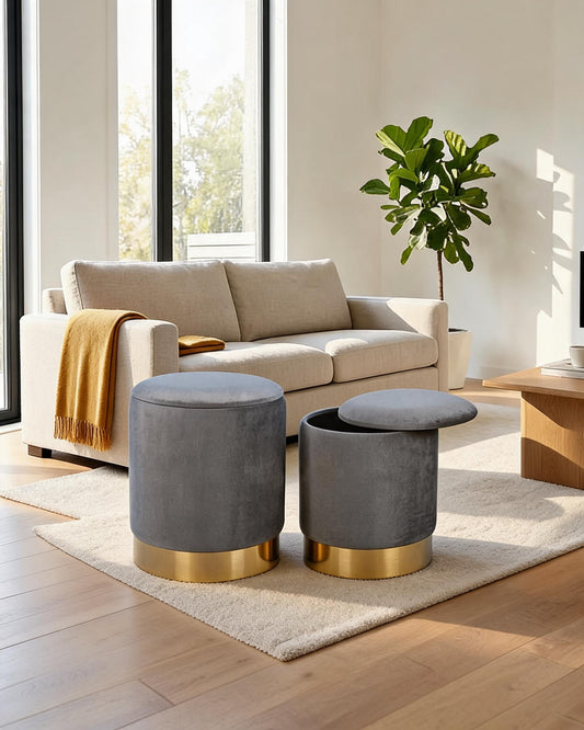 wn-hover-usescene Velvet Round Storage Ottoman Set of 2 with Gold Base — Grey | 36cm & 31.5cm