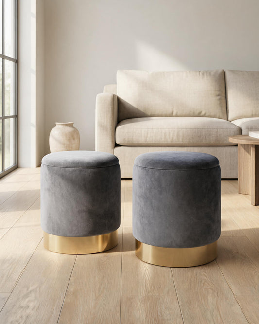 wn-default-single Velvet Round Storage Ottoman Set of 2 with Gold Base — Grey | 36cm & 31.5cm