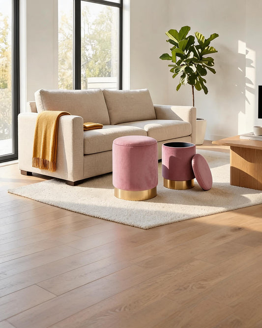 wn-hover-usescene Velvet Round Storage Ottoman Set of 2 with Gold Base — Pink | 36cm & 31.5cm