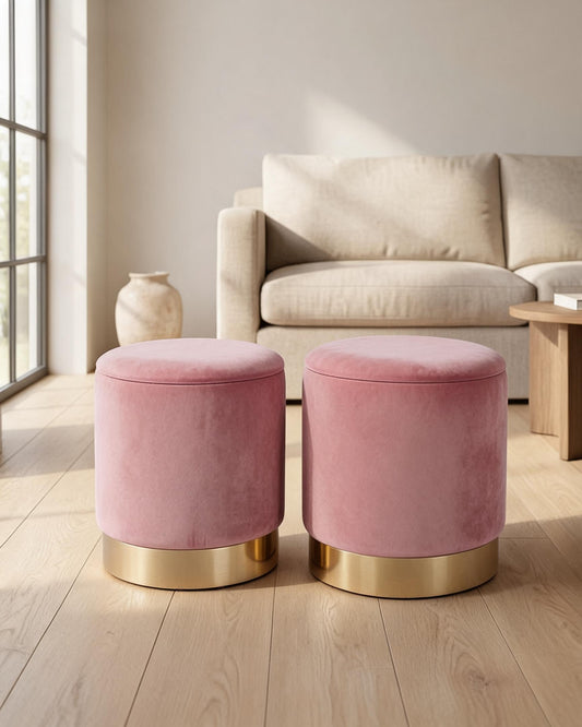 wn-default-single Velvet Round Storage Ottoman Set of 2 with Gold Base — Pink | 36cm & 31.5cm