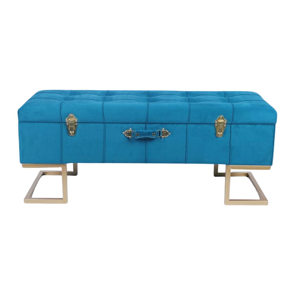 Velvet Storage Ottoman Bench with Gold Iron Base — Peacock Blue | 105cm