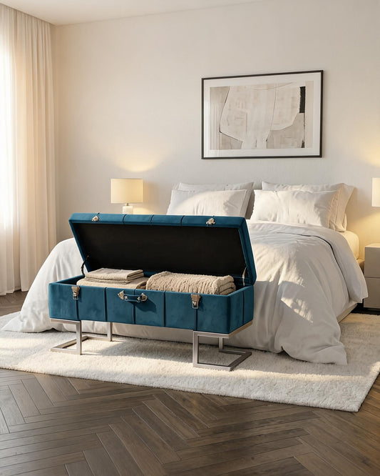 wn-hover-usescene Velvet Storage Ottoman Bench with Silver Iron Base — Peacock Blue | 105cm
