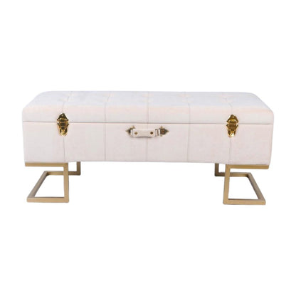 Velvet Storage Ottoman Bench with Gold Iron Base — Cream | 105cm