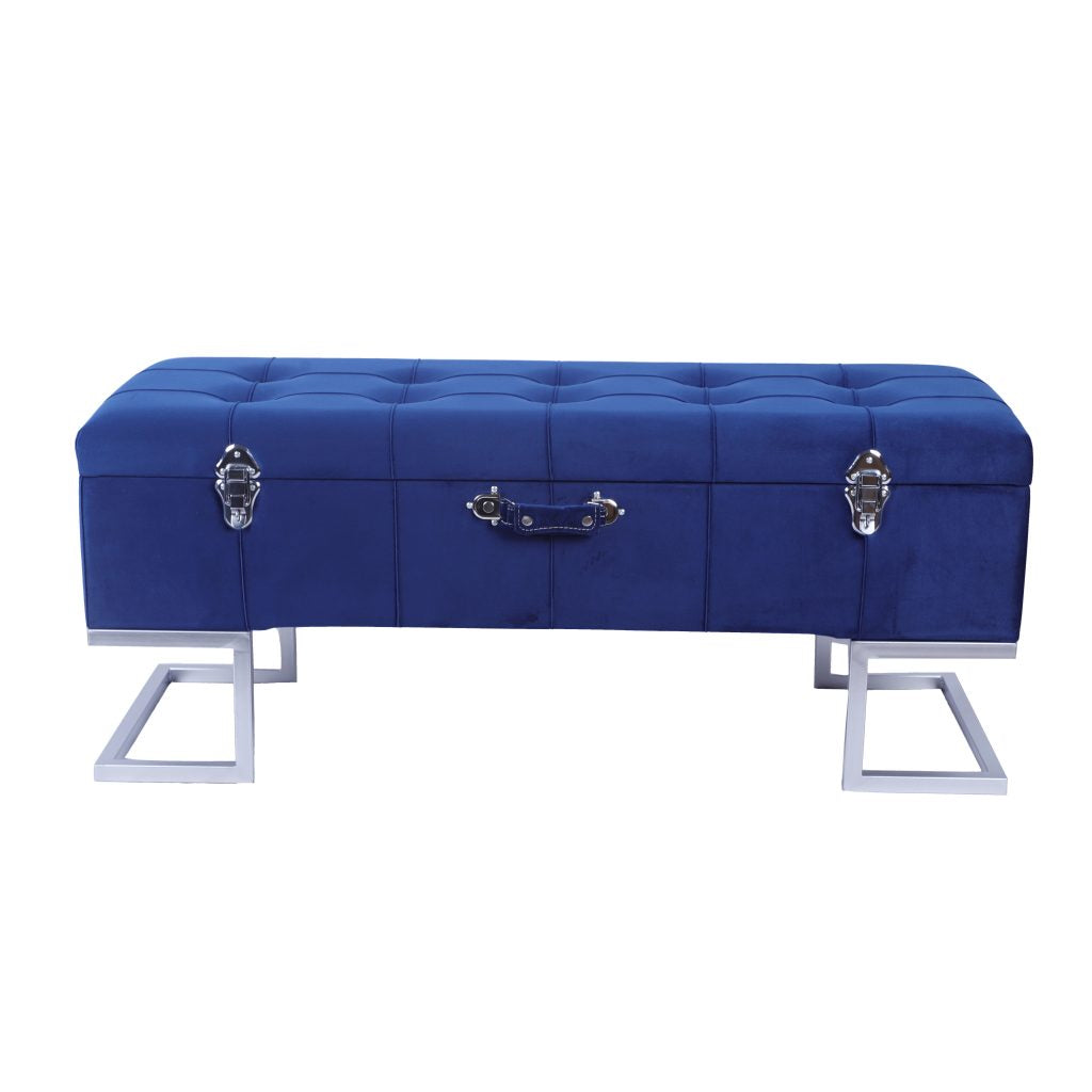 Velvet Storage Ottoman Bench with Silver Iron Base — Dark Blue | 105cm