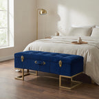 Velvet Storage Ottoman Bench with Gold Iron Base — Dark Blue | 105cm
