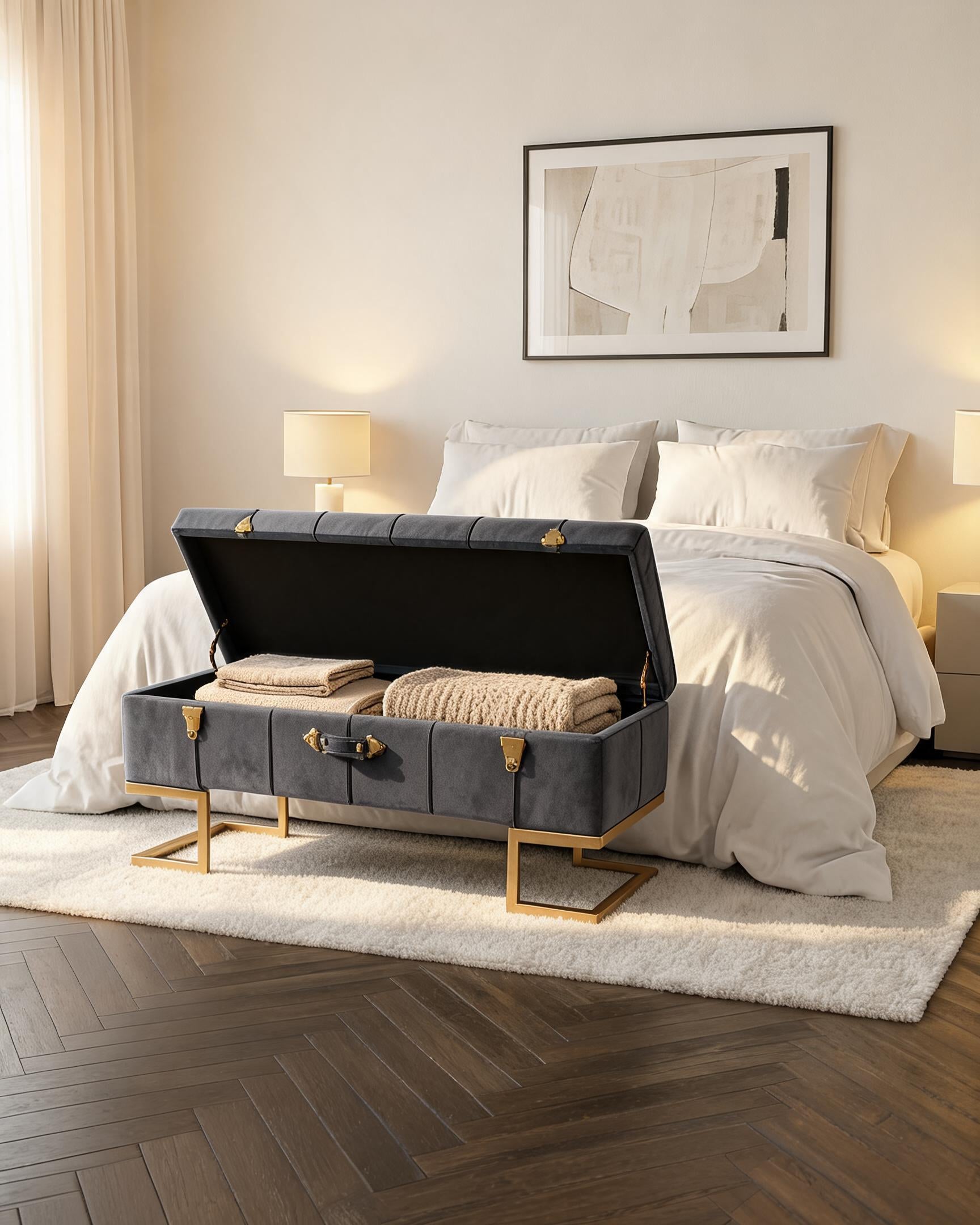 wn-hover-usescene Velvet Storage Ottoman Bench with Gold Iron Base — Grey | 105cm