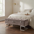 Velvet Storage Ottoman Bench with Silver Iron Base — Grey | 105cm