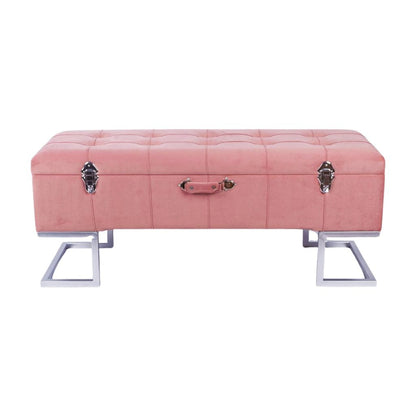 Velvet Storage Ottoman Bench with Silver Iron Base — Pink | 105cm