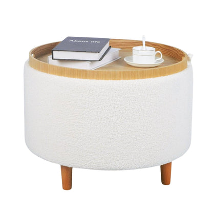 Sherpa Fur Round Storage Ottoman with Wooden Tray - White