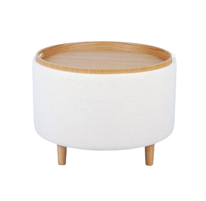 Boucle Fabric Round Storage Ottoman with Tray - White