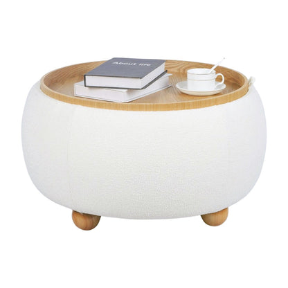 Boucle Fabric Round Storage Ottoman with Tray - White (Large 67cm)