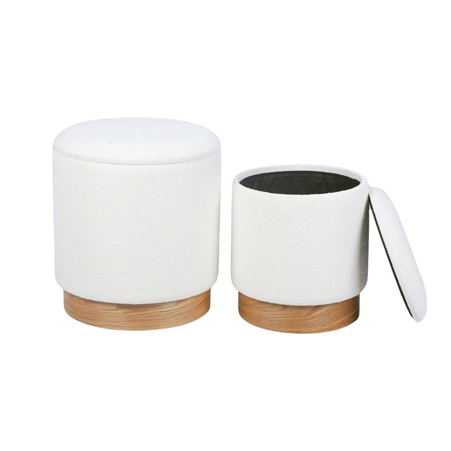 Boucle Fabric Round Storage Ottoman Stool Set of 2 - Wood Base