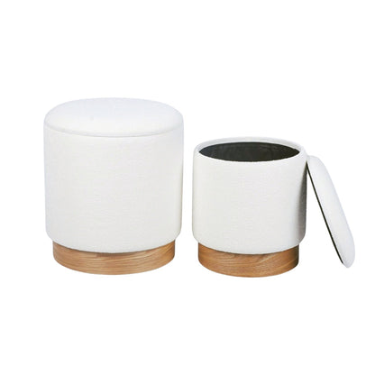 Boucle Fabric Round Storage Ottoman Stool Set of 2 - Wood Base
