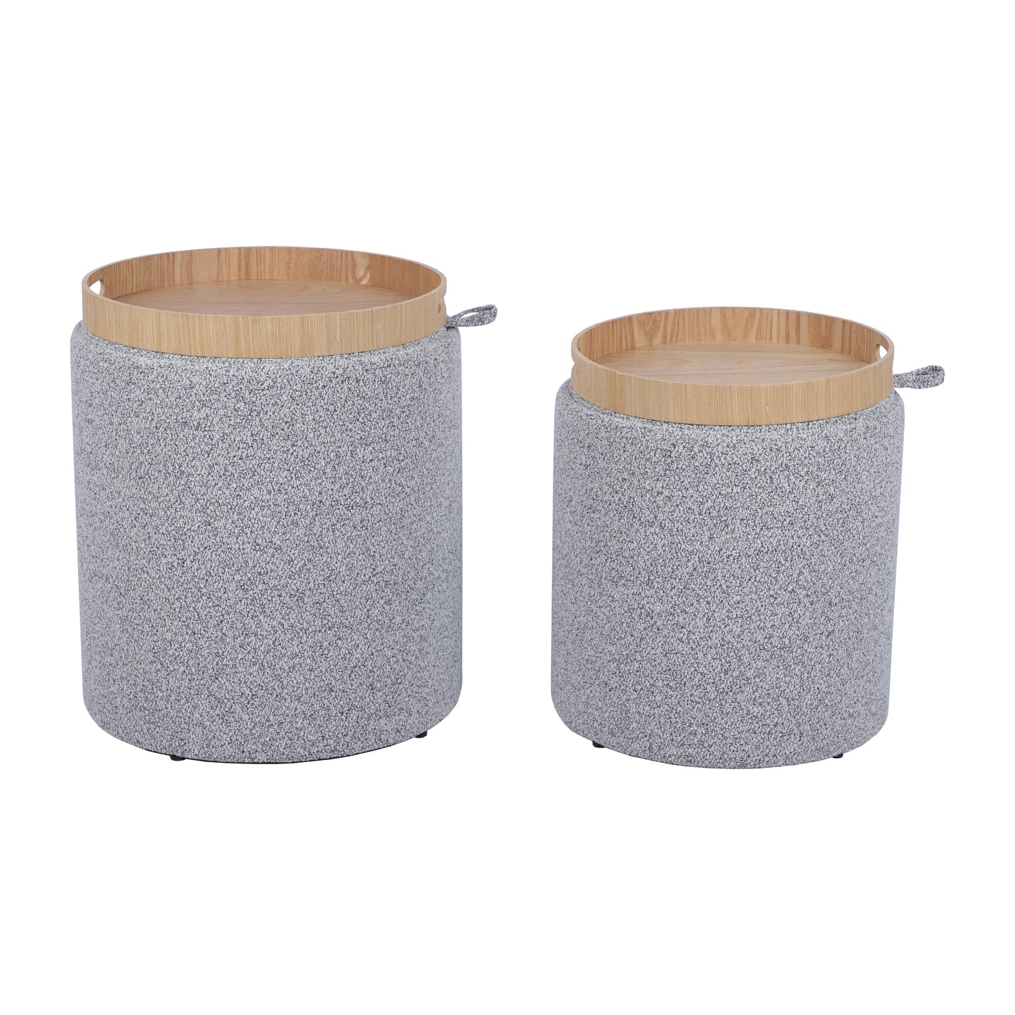 Chenille Fabric Round Storage Ottoman Stool with Tray Set of 2 — Grey