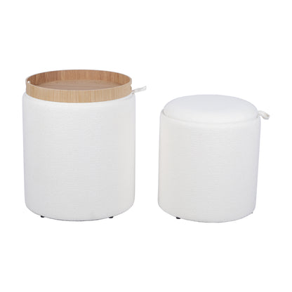 Chenille Fabric Round Storage Ottoman Stool with Tray Set of 2 — White