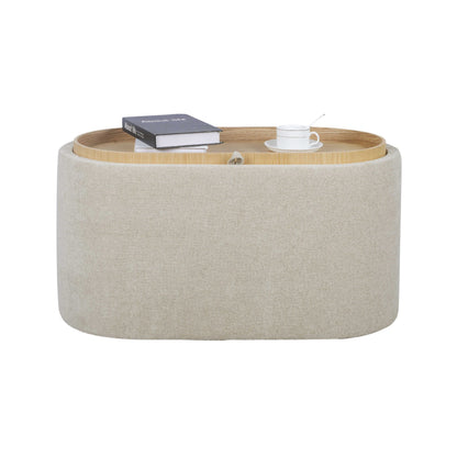 Chenille Fabric Rectangular Storage Ottoman Bench with Tray - Beige
