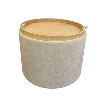 Chenille Fabric Round Storage Ottoman with Tray - Beige (56cm)