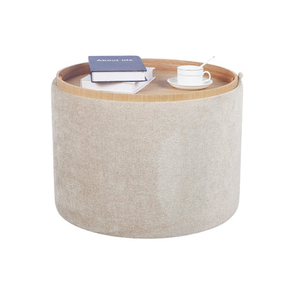 Chenille Fabric Round Storage Ottoman with Tray - Beige (56cm)