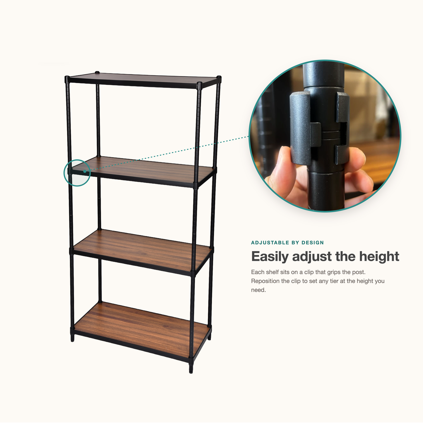 Freestanding Shelving Unit, Black - height-adjustable shelf clip detail, reposition the clip to set each tier
