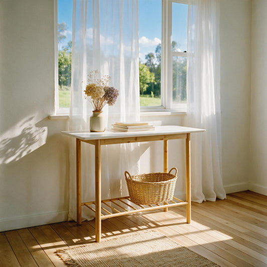 Bamboo Side Table with White Top - styled by a bright window with dried flowers and a woven basket
