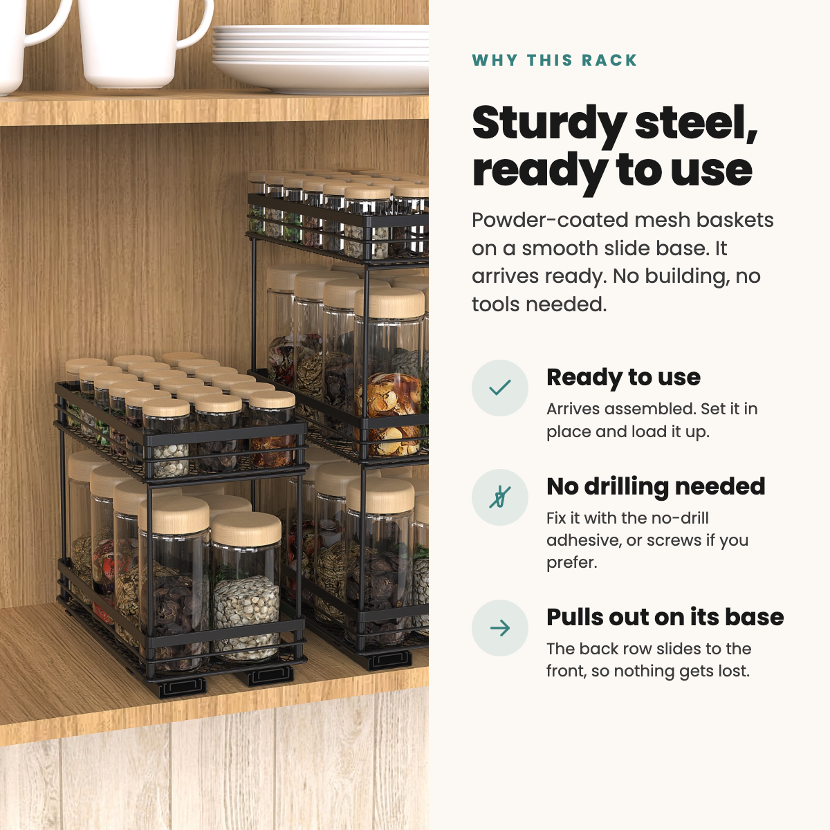Sturdy powder-coated steel spice rack, arrives ready to use and pulls out on its base