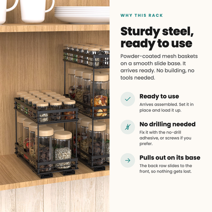 Sturdy powder-coated steel spice rack, arrives ready to use and pulls out on its base