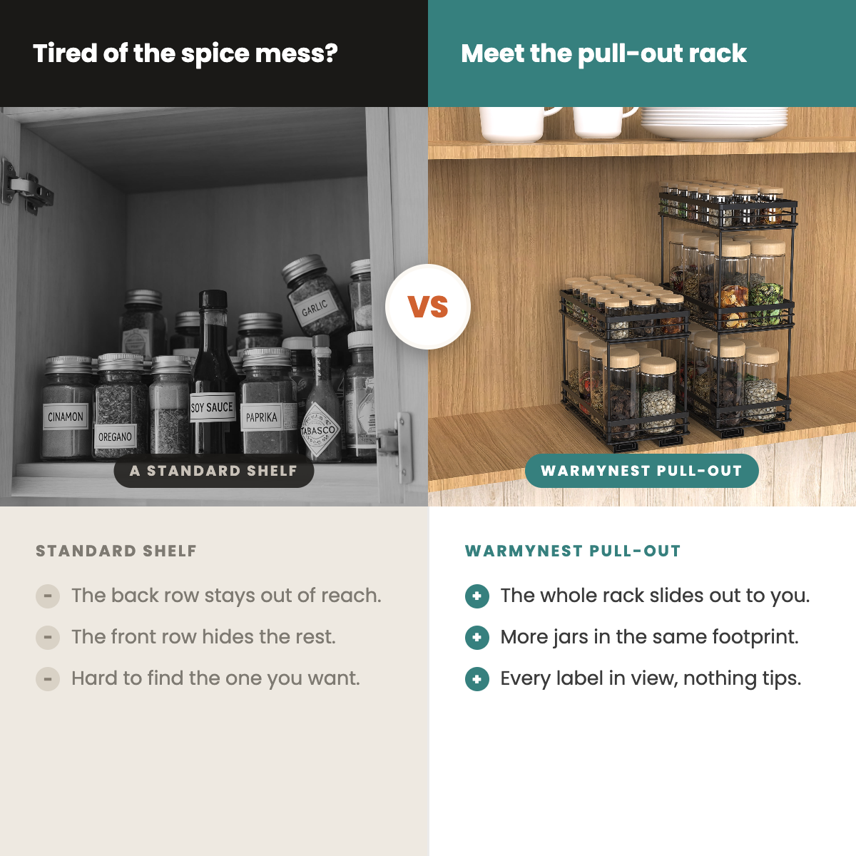 A standard shelf keeps jars out of reach; the WarmyNest pull-out rack slides every jar to you