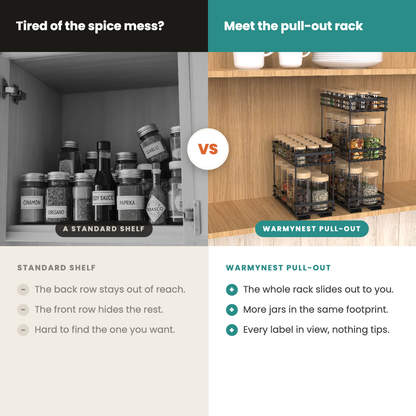 A standard shelf keeps jars out of reach; the WarmyNest pull-out rack slides every jar to you