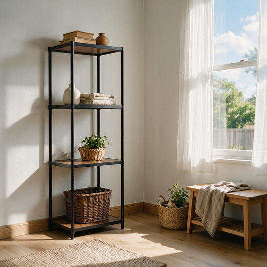 Freestanding Shelving Unit, Black - styled in a living room with books, vases and baskets