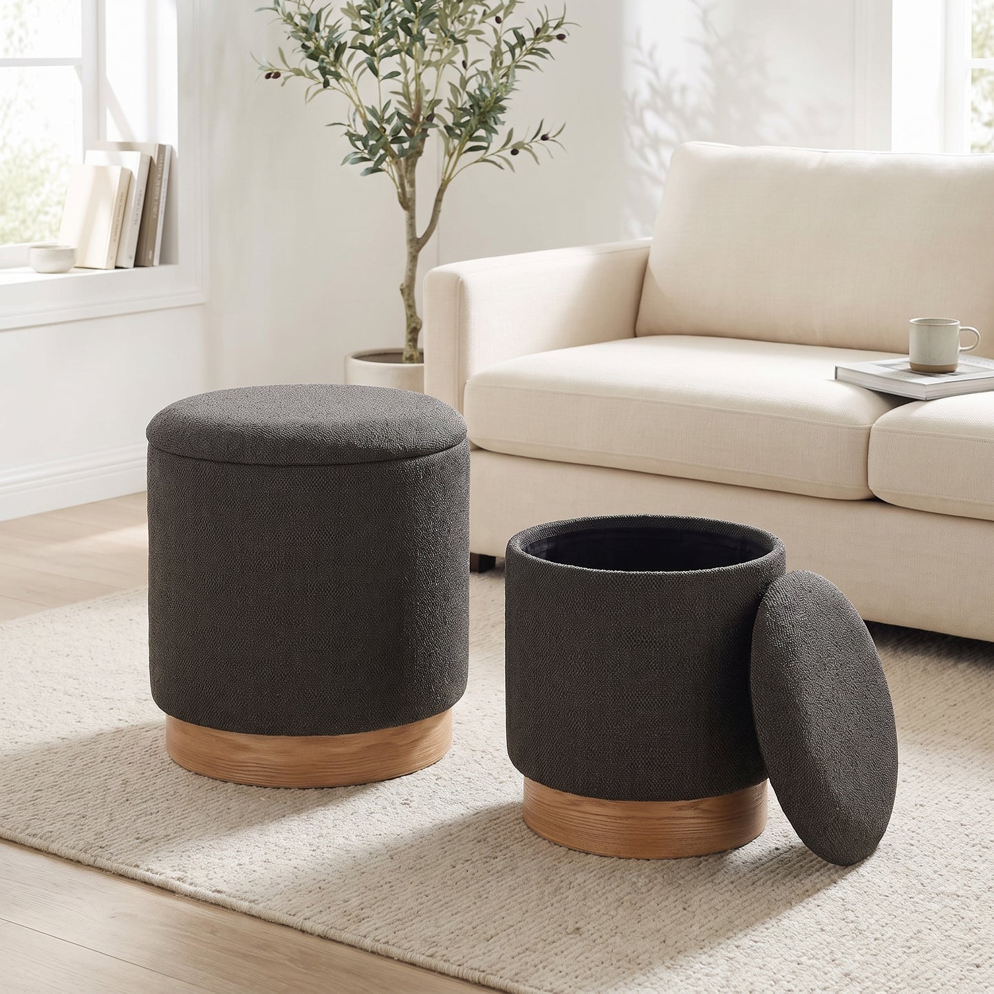 wn-hover-usescene boucle-fabric-round-storage-ottoman-stool-set-of-2-wood-base-dark-grey