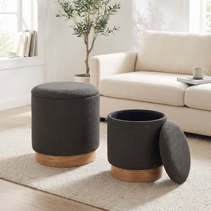 wn-hover-usescene boucle-fabric-round-storage-ottoman-stool-set-of-2-wood-base-dark-grey