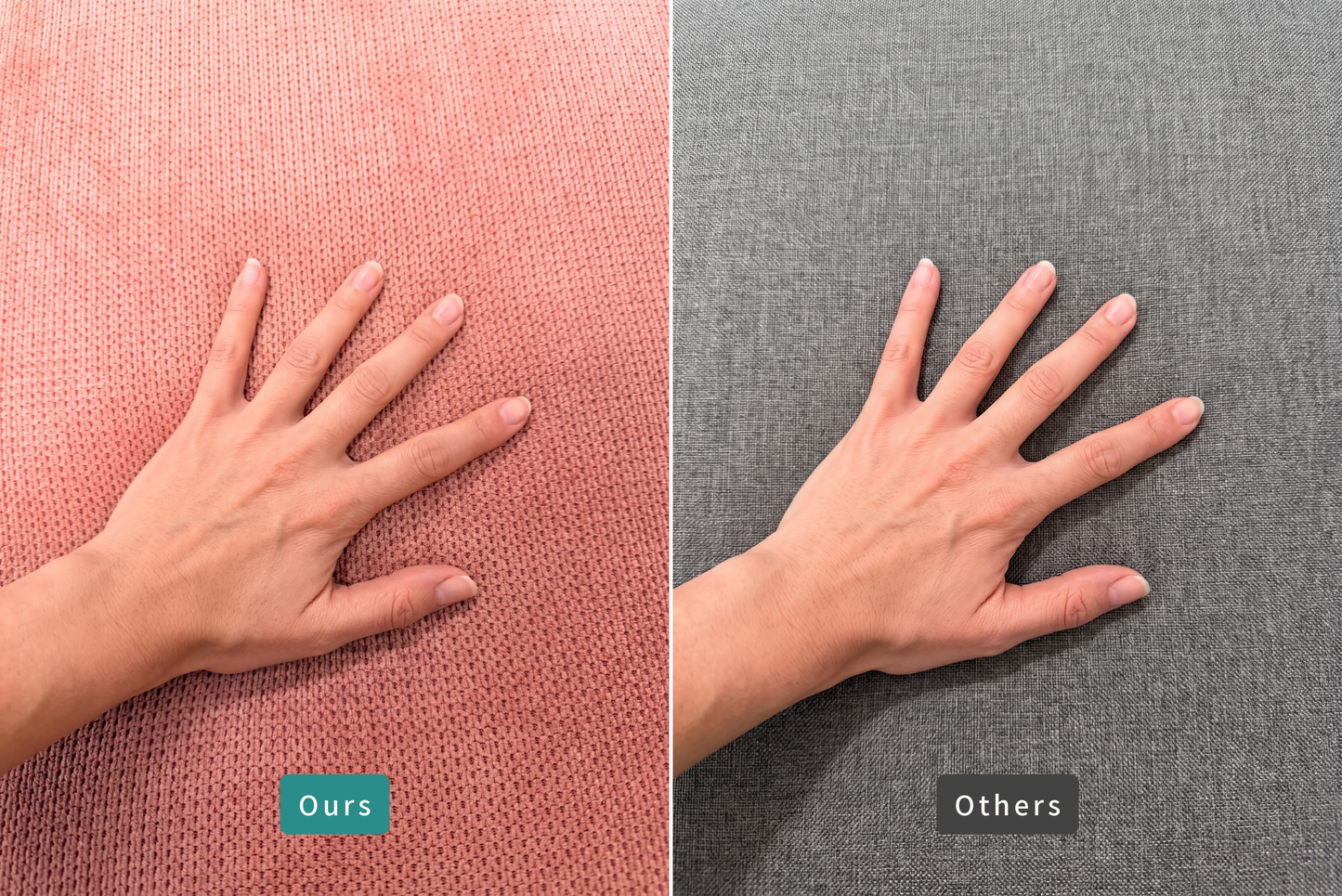 Chenille material comparison — Ours vs Others workmanship detail