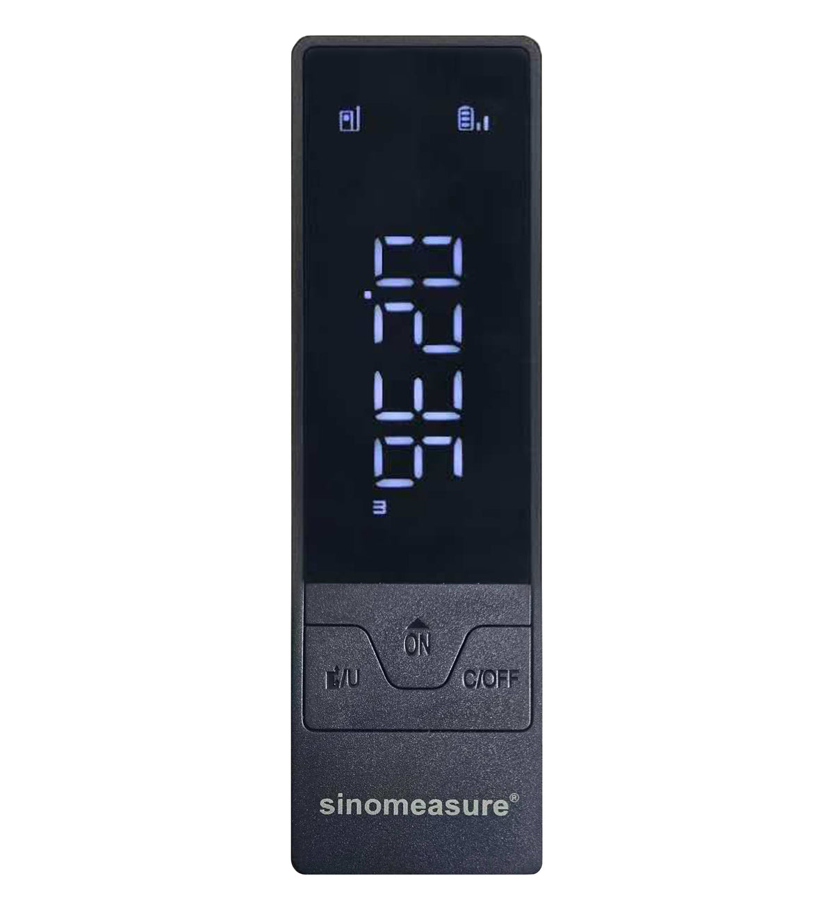 sinomeasure M4 laser distance meter in black, front view with the LED screen lit