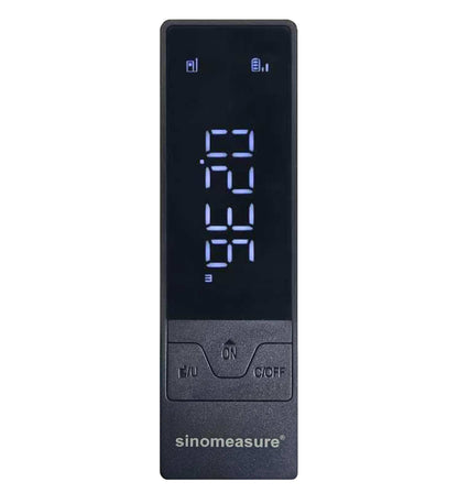 sinomeasure M4 laser distance meter in black, front view with the LED screen lit