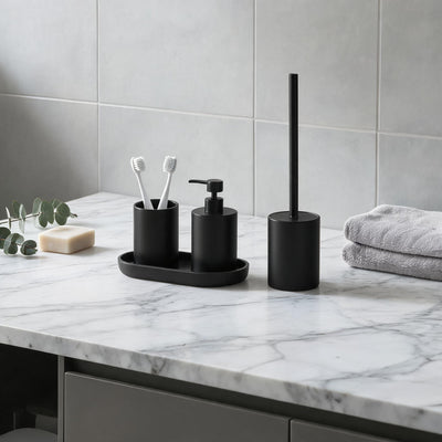 Matte Black Resin Bathroom Accessories Bundle — 4-Piece Set with Tray