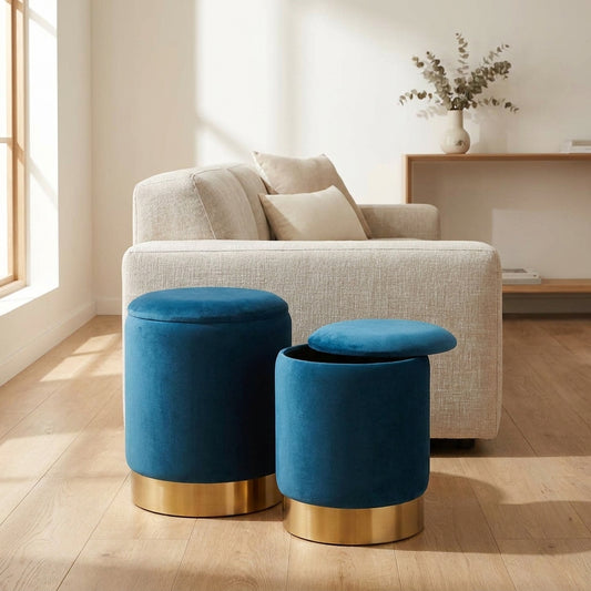 wn-default-single velvet-round-storage-ottoman-set-of-2-with-gold-base-blue-36cm-31-5cm