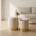 Velvet Round Storage Ottoman Set of 2 with Gold Base — Cream | 36cm & 31.5cm