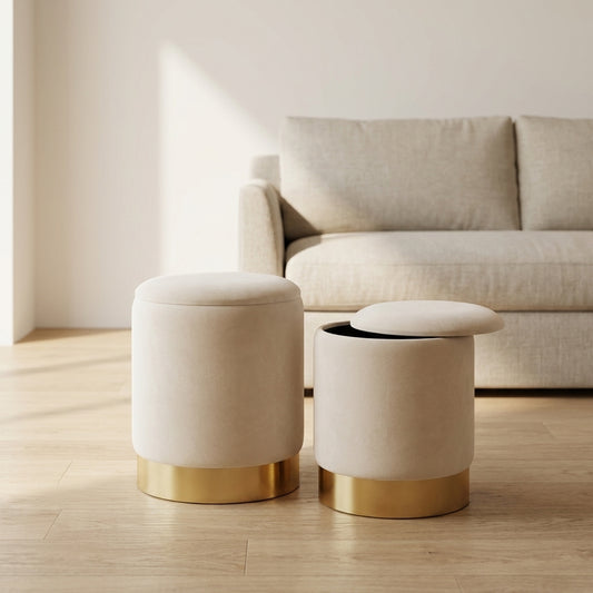 wn-default-single velvet-round-storage-ottoman-set-of-2-with-gold-base-cream-36cm-31-5cm
