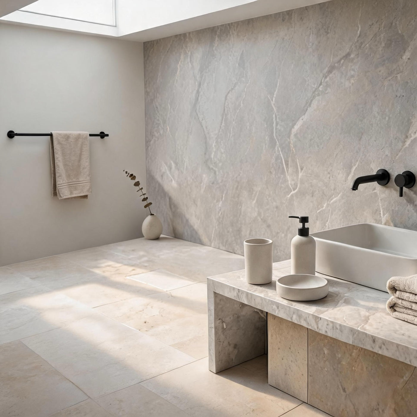 WarmyNest bathware styled in a calm marble bathroom