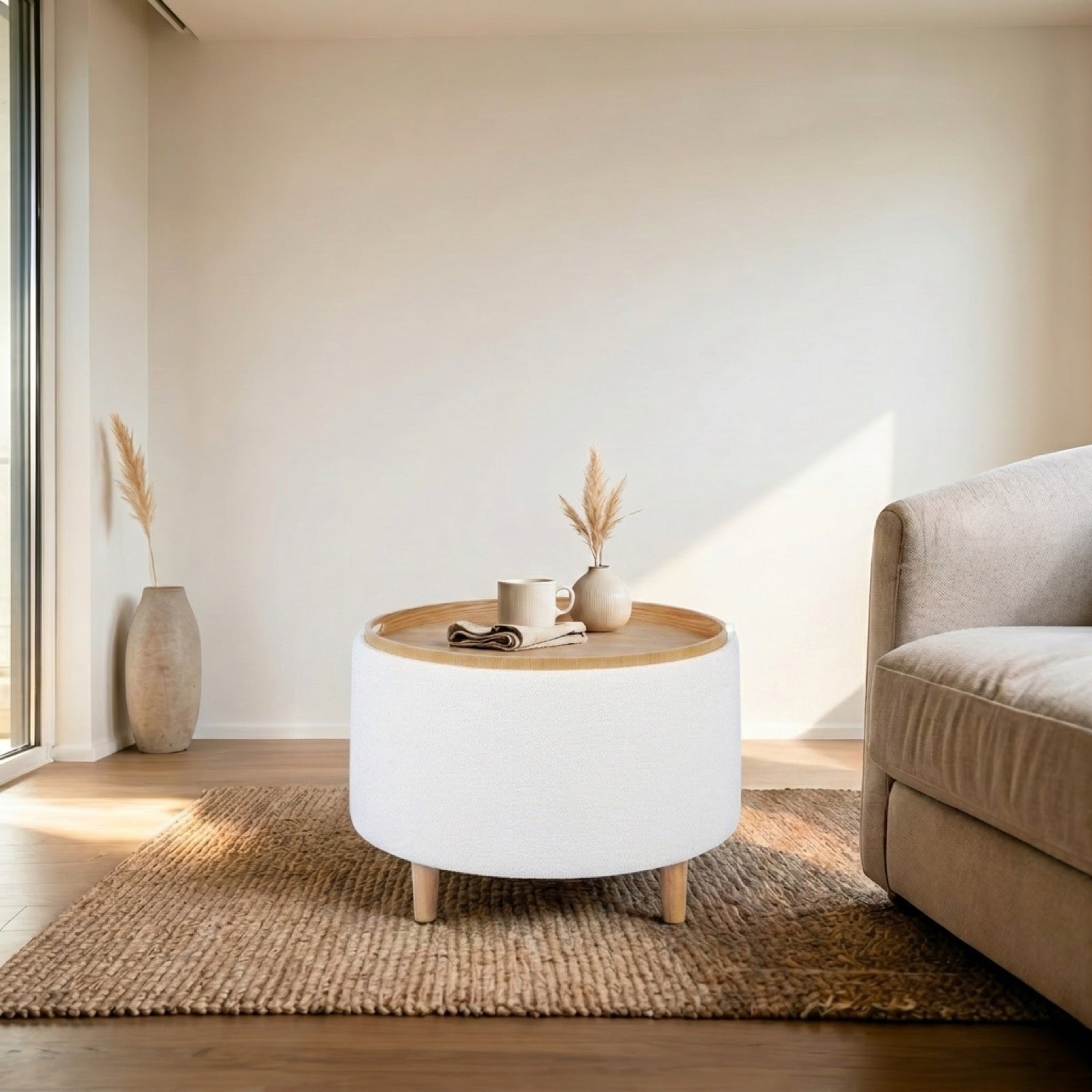 WarmyNest bouclé storage ottoman styled in a bright Australian living room