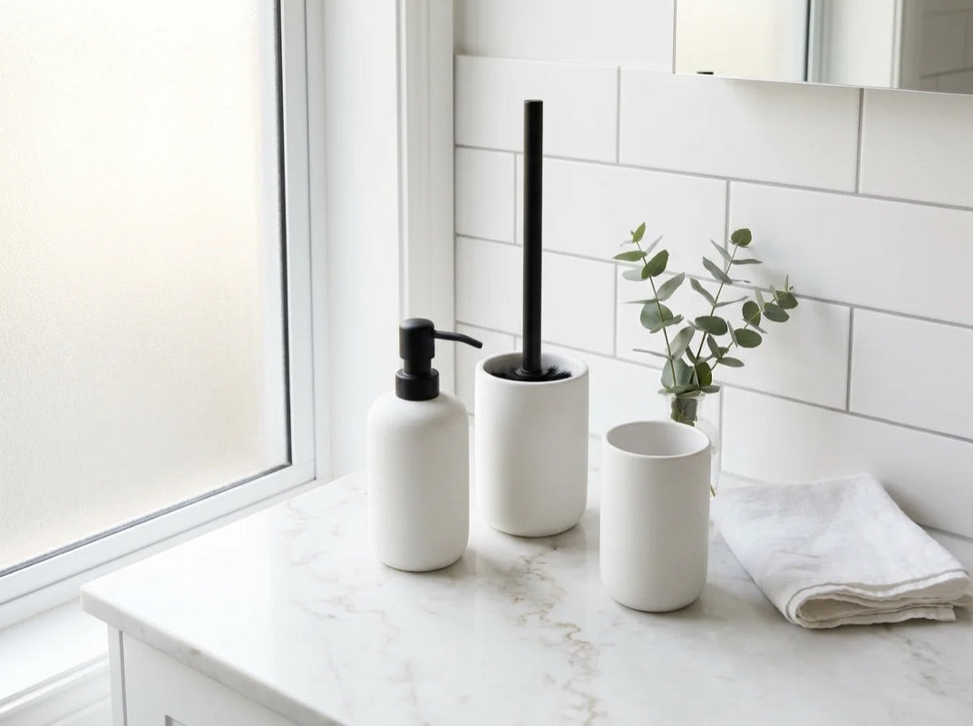 A matte white ceramic soap dispenser, toilet brush holder and tumbler grouped on a marble benchtop