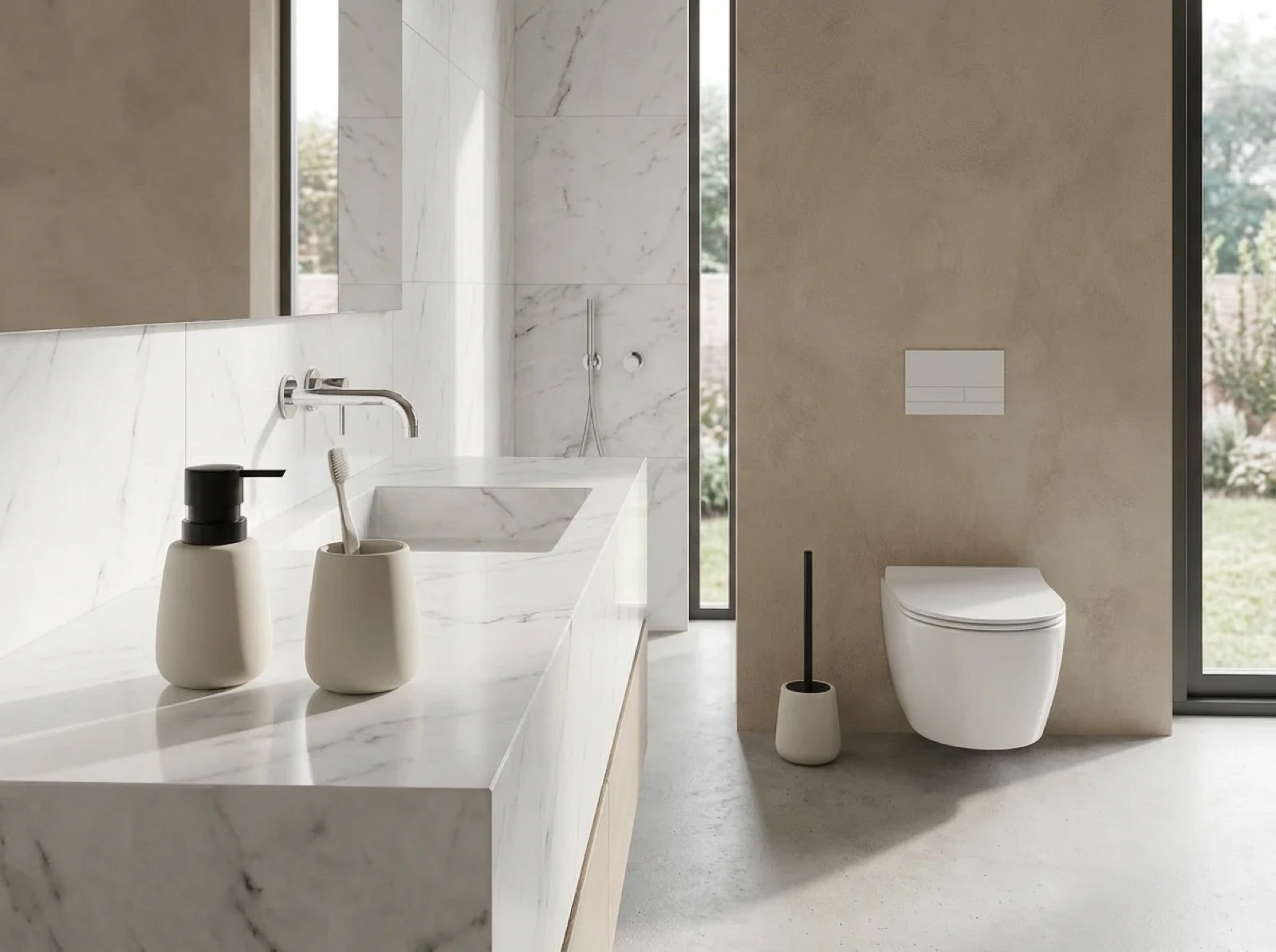 A WarmyNest soap dispenser, tumbler and toilet brush holder on a marble bathroom vanity