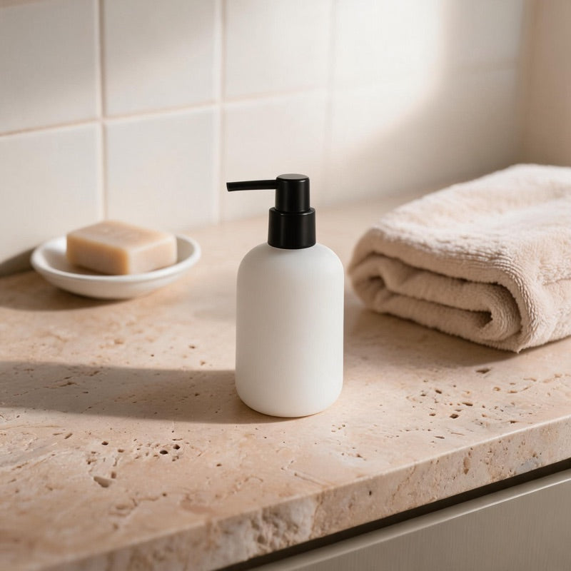 A matte white kiln-fired ceramic WarmyNest soap dispenser